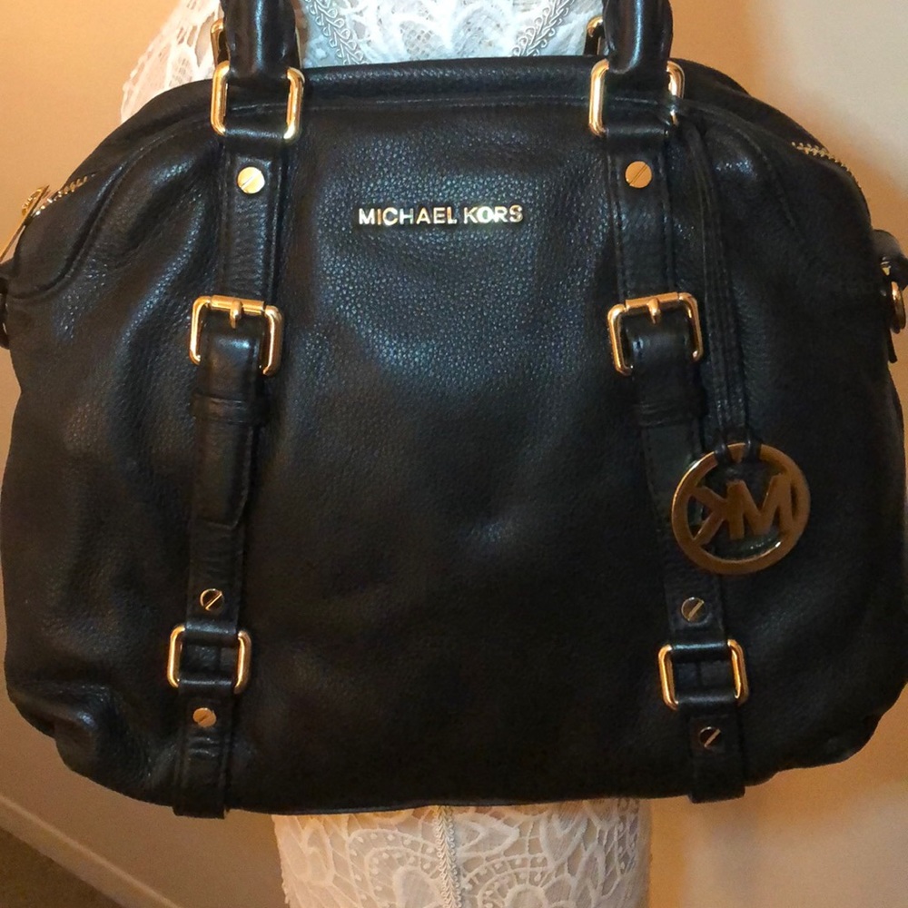 Michael Kors black leather bowling bag tote